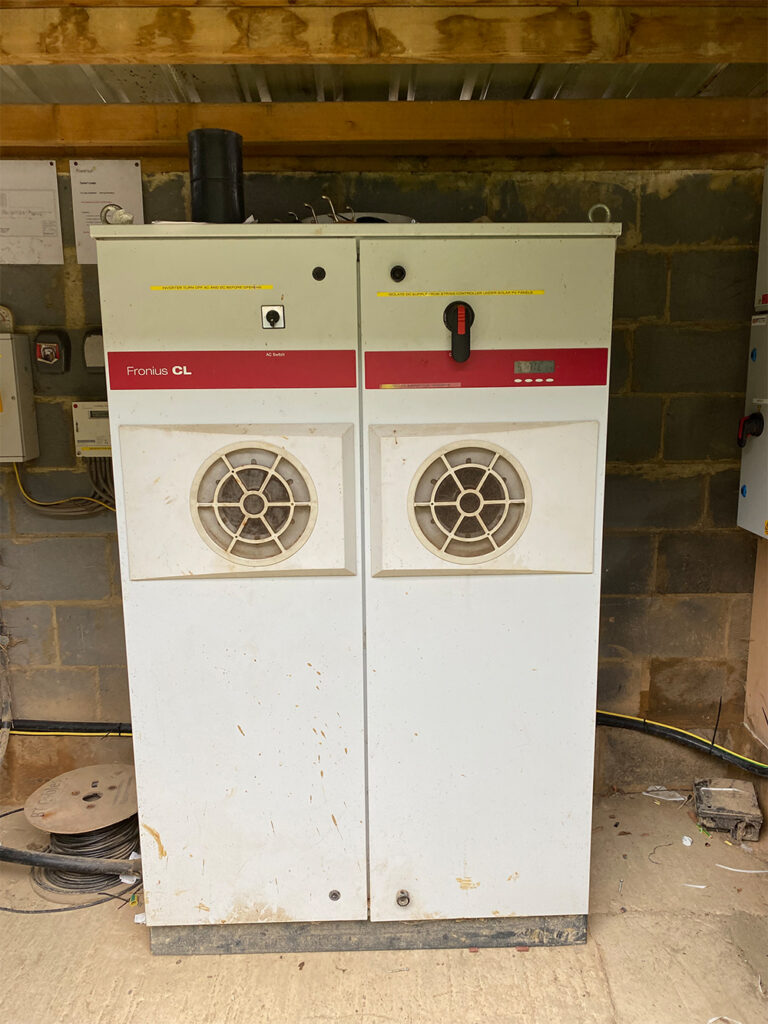 A Fronius central inverter at a solar farm in Northamptonshire, England