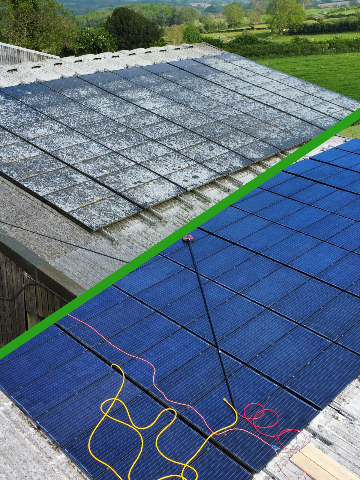 A before and after photo of a filthy solar aray and the results of cleaning by EV Solar 