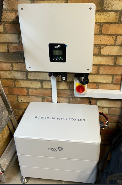 FoxESS 5kW AC coupled solar inverter with 8.64kWh battery storage for a customer in Cambridge