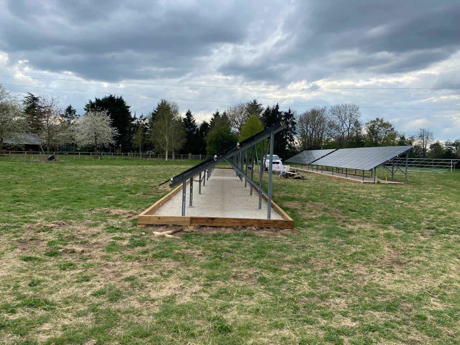 A side view of the ground-mounted solar array